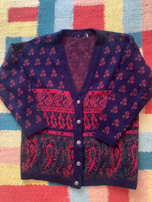 Vintage Red & Navy Cardigan